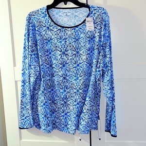 New with tags Lands End Blue Floral Plus Size Rash Guard Top UPF 50, Size 1X